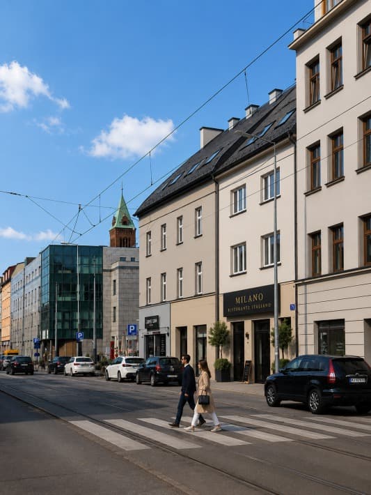 Daytime street-facing view of the Kalwaryjska 77 facade