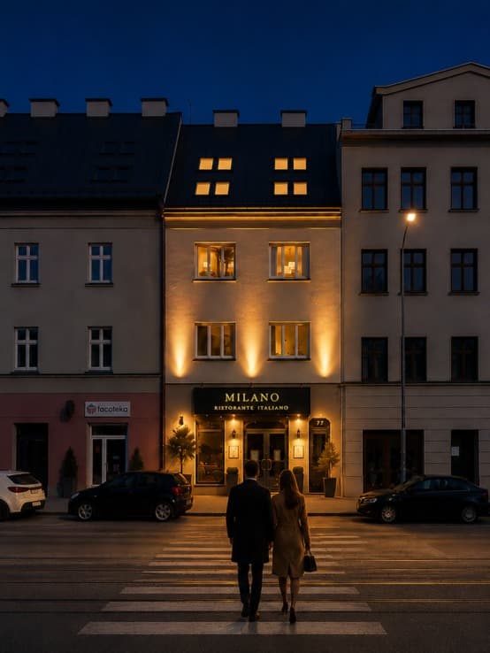 Kalwaryjska 77 front elevation at night